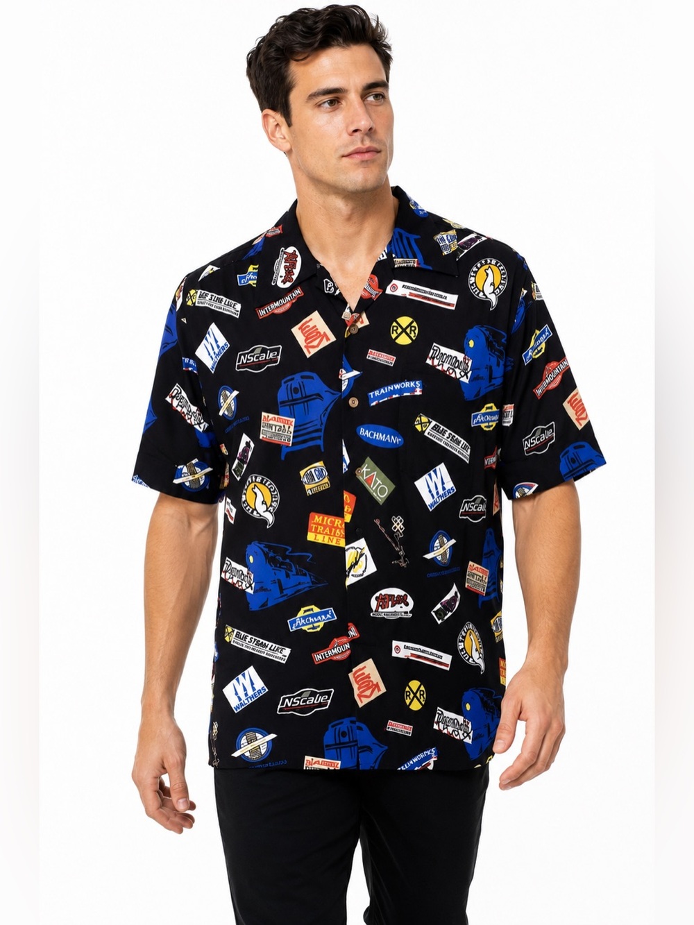 Gorilla Wearfare Train Print Camp Shirt Men’s L Rockabilly Bowling Retro